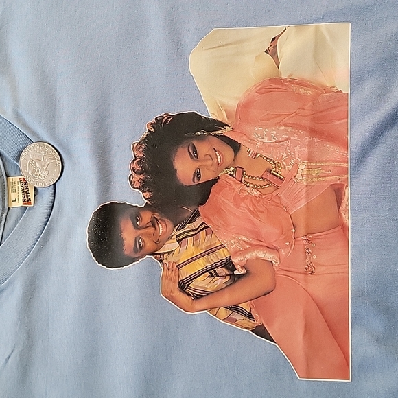 American Vintage Screen Stars Rene & Angela pastel blue band tee shirt | MENS L - Picture 4 of 9